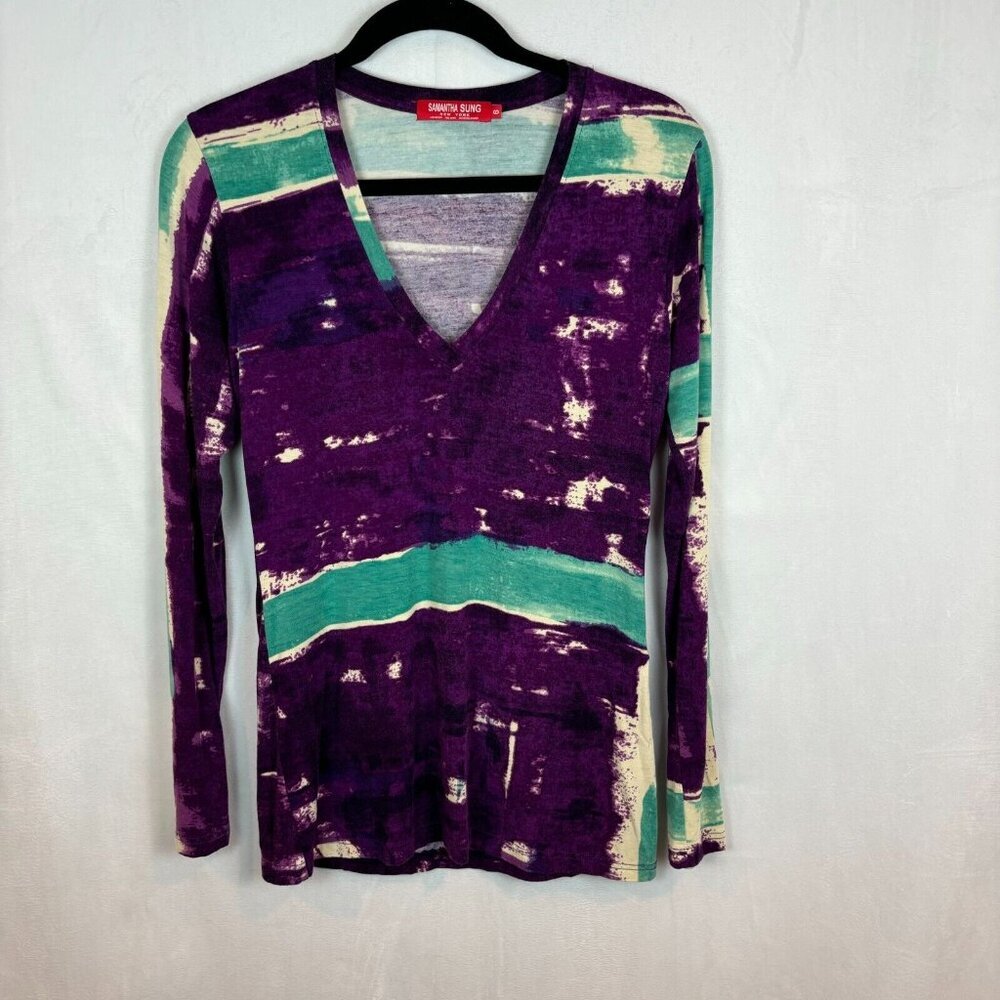 Samantha Sung Womens V-Neck Purple Colorful Handcrafted unique artsy blouse SZ 6